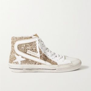 Golden Goose - Slide Distressed Glittered
Leather High-Top Sneakers - Gold